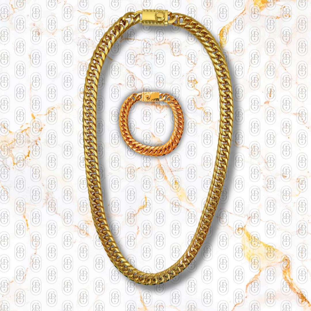 Códice Dorato - Conjunto de Cadena y Brazalete Sólido Chapado en Oro 18k