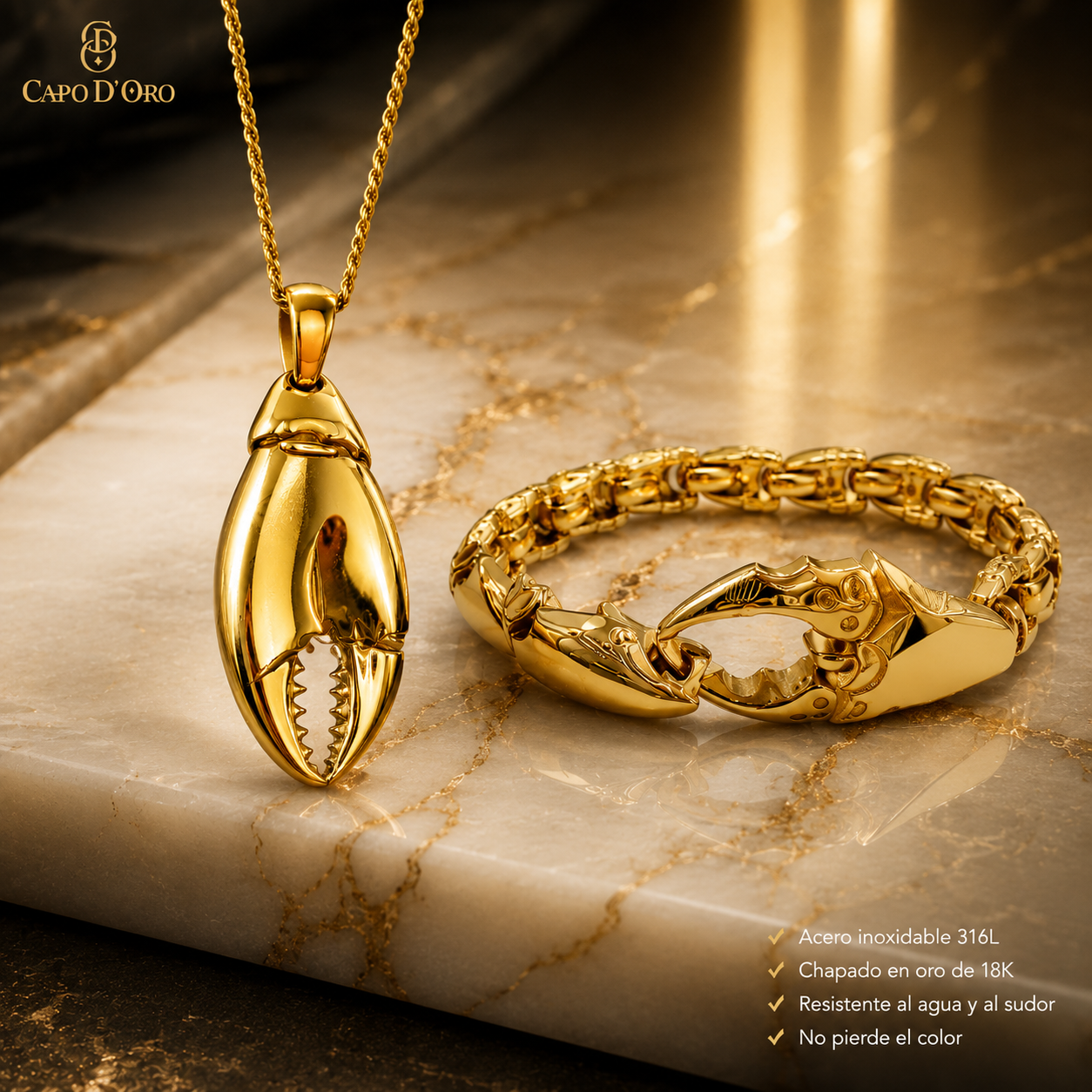 Golden Crab - Set Colgante y Brazalete Sólidos Chapado en Oro 18K