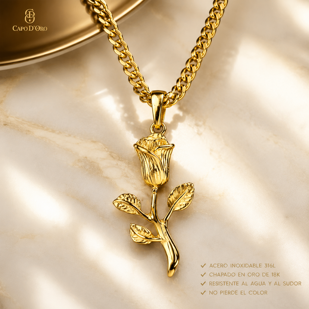 Rosa Dorada - Colgante Sólido Chapado en Oro 18K