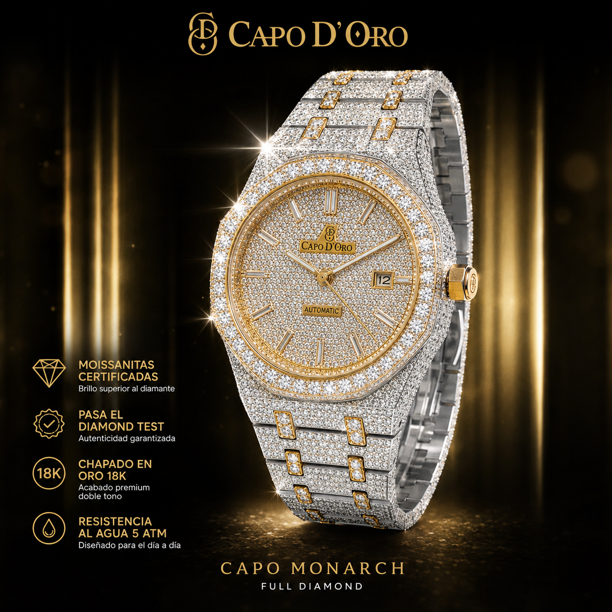 Reloj Capo Monarch - Full Diamond Doble Tono (Moisanitas Certificadas)