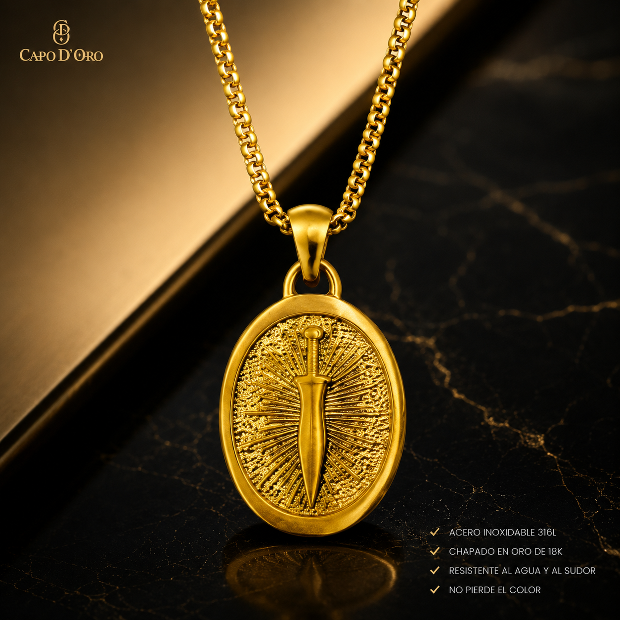 Daga Solar - Colgante Sólido Chapado en Oro 18k