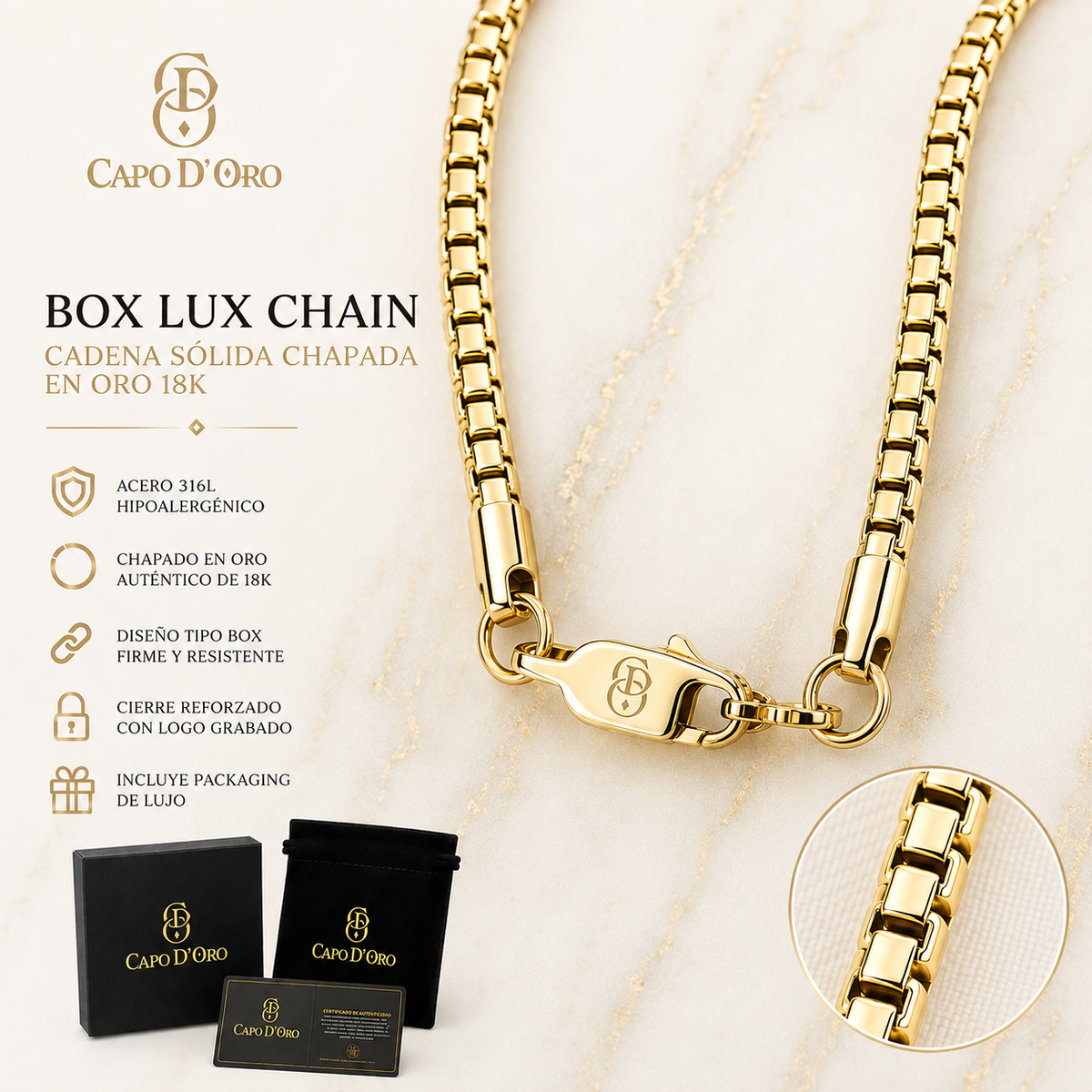 Box Lux 4mm - Cadena Sólida Chapada en Oro 18K