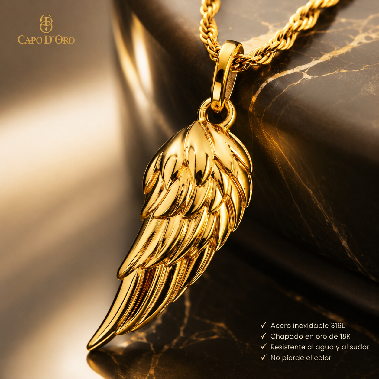 Ala Celestial - Colgante Sólido Chapado en Oro 18k