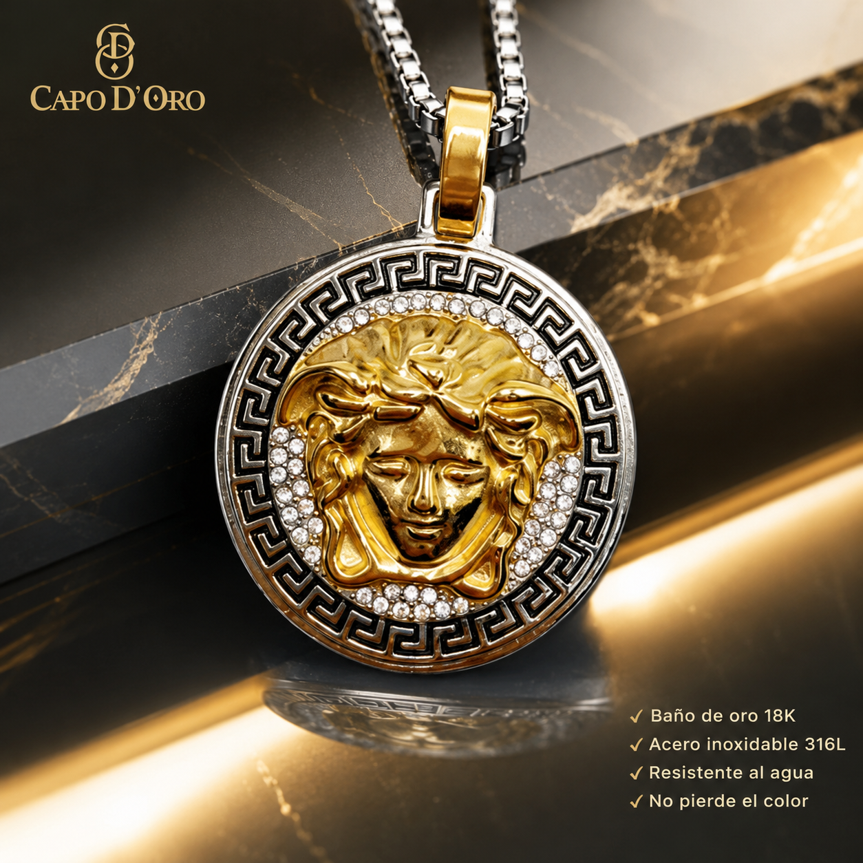 Medusa Imperiale - Colgante Solido Chapado en Oro 18k